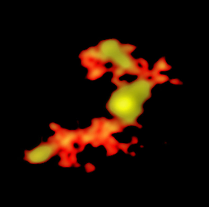 ALMA image of W2246-0526 and its companions feeding it through trans-galactic streamers. Credit: T. Diaz-Santos et al.; N. Lira; ALMA (ESO/NAOJ/NRAO).