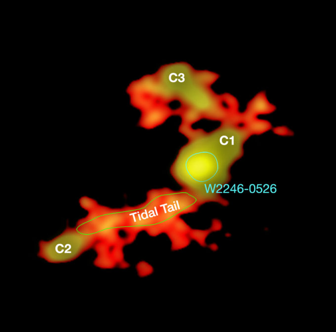 ALMA image shows how W2246-0526 is being fed by three companion galaxies (C1, C2, and C3) through trans-galactic streamers: a large tidal tail, labeled in green, connects C2 with the main galaxy; the other two galaxies (C1 and C3) are connected to W2246-0526 by dust bridges. Credit: T. Diaz-Santos et al.; N. Lira; ALMA (ESO/NAOJ/NRAO).