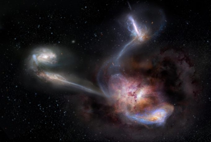 Artist impression of W2246-0526, the most luminous known galaxy, and three companion galaxies. Credit: NRAO/AUI/NSF, S. Dagnello.