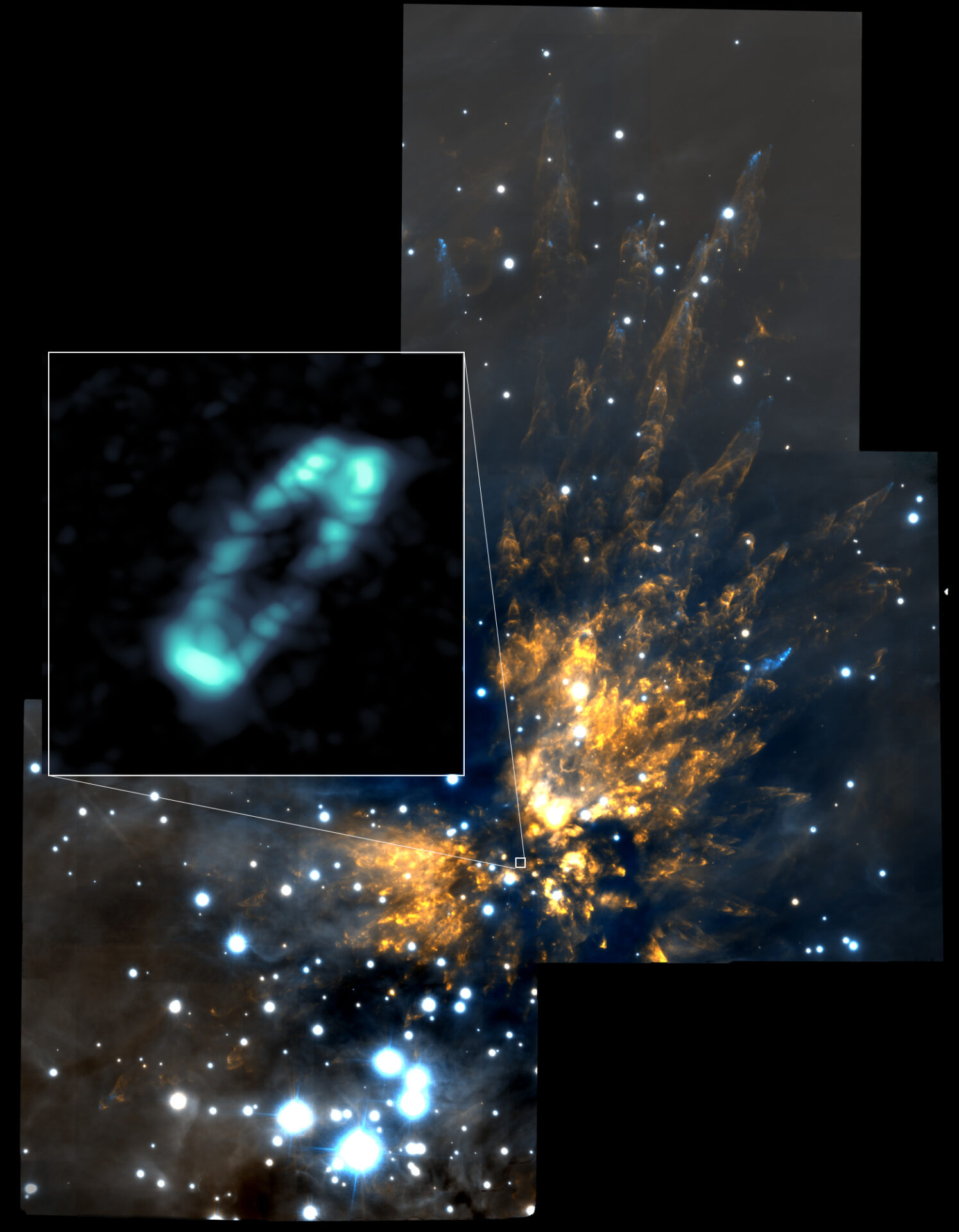 ALMA image of the salty disk surrounding the young, massive star Orion Source I (blue ring). It is shown in relation to the Orion Molecular Cloud 1, a region of explosive starbirth. The background near infrared image was taken with the Gemini Observatory. Credit: ALMA (NRAO/ESO/NAOJ); NRAO/AUI/NSF; Gemini Observatory/AURA