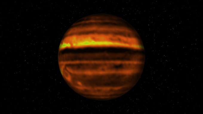 Spherical ALMA map of Jupiter showing the distribution of ammonia gas below Jupiter's cloud deck. Credit: ALMA (ESO/NAOJ/NRAO), I. de Pater et al.; NRAO/AUI NSF, S. Dagnello