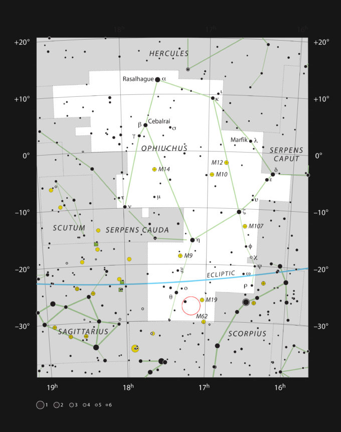 This chart shows the location of Barnard 59 in the constellation of Ophiuchus (The Serpent Bearer). This map shows most of the stars visible to the unaided eye under good conditions, and Barnard 59 itself is highlighted with a red circle on the image. This dark nebula is part of the Pipe Nebula, which appears as a dark feature in the Milky Way and can be seen well with the unaided eye under good conditions. Credit: ESO, IAU and Sky & Telescope