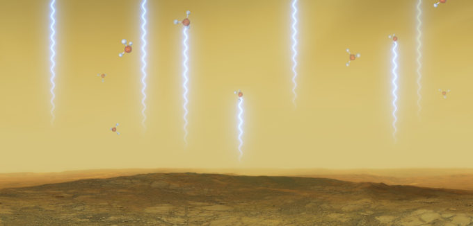 Esta ilustración muestra la superficie y la atmósfera de Venus, así como las moléculas de fosfina. Estas moléculas flotan en las nubes de Venus, sopladas por el viento a altitudes de entre 55 y 80 km, absorbiendo algunas de las ondas milimétricas que se producen a altitudes más bajas. Fueron detectadas en las nubes altas de Venus con datos del Telescopio James Clerk Maxwell y el Atacama Large Millimeter/submillimeter Array (ALMA). Crédito: ESO/M. Kornmesser/L. Calçada