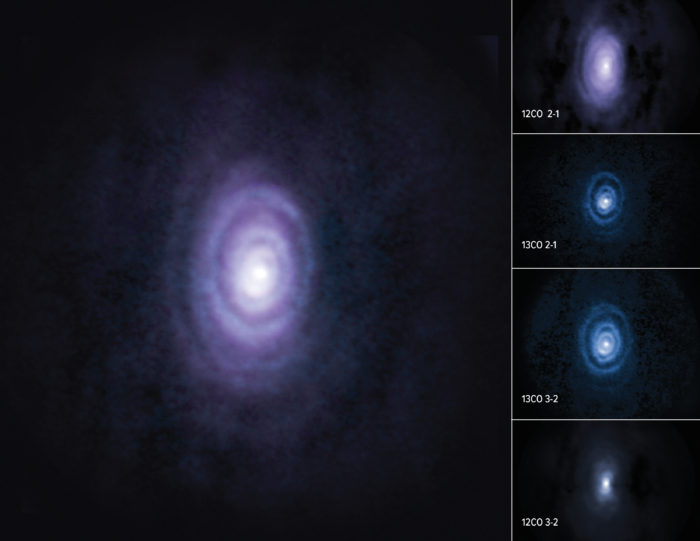 Mientras estudiaba V Hya, una estrella de carbono moribunda, un equipo de científicos descubrió seis anillos que se expanden lentamente a medida que la estrella se despoja de su materia. En esta imagen compuesta, los anillos crecientes y la difusa estructura en arco del sexto anillo son levemente visibles en la línea de emisión del isótopo de carbono 12CO y se vuelven más definidas en la imagen del isótopo de carbono 13CO. Estos anillos son protagonistas conocidos del proceso de extinción de las estrellas, y ahora están ayudando a los científicos a entender mejor lo que sucede durante el “acto final”. Créditos: ALMA (ESO/NAOJ/NRAO)/S. Dagnello (NRAO/AUI/NSF)