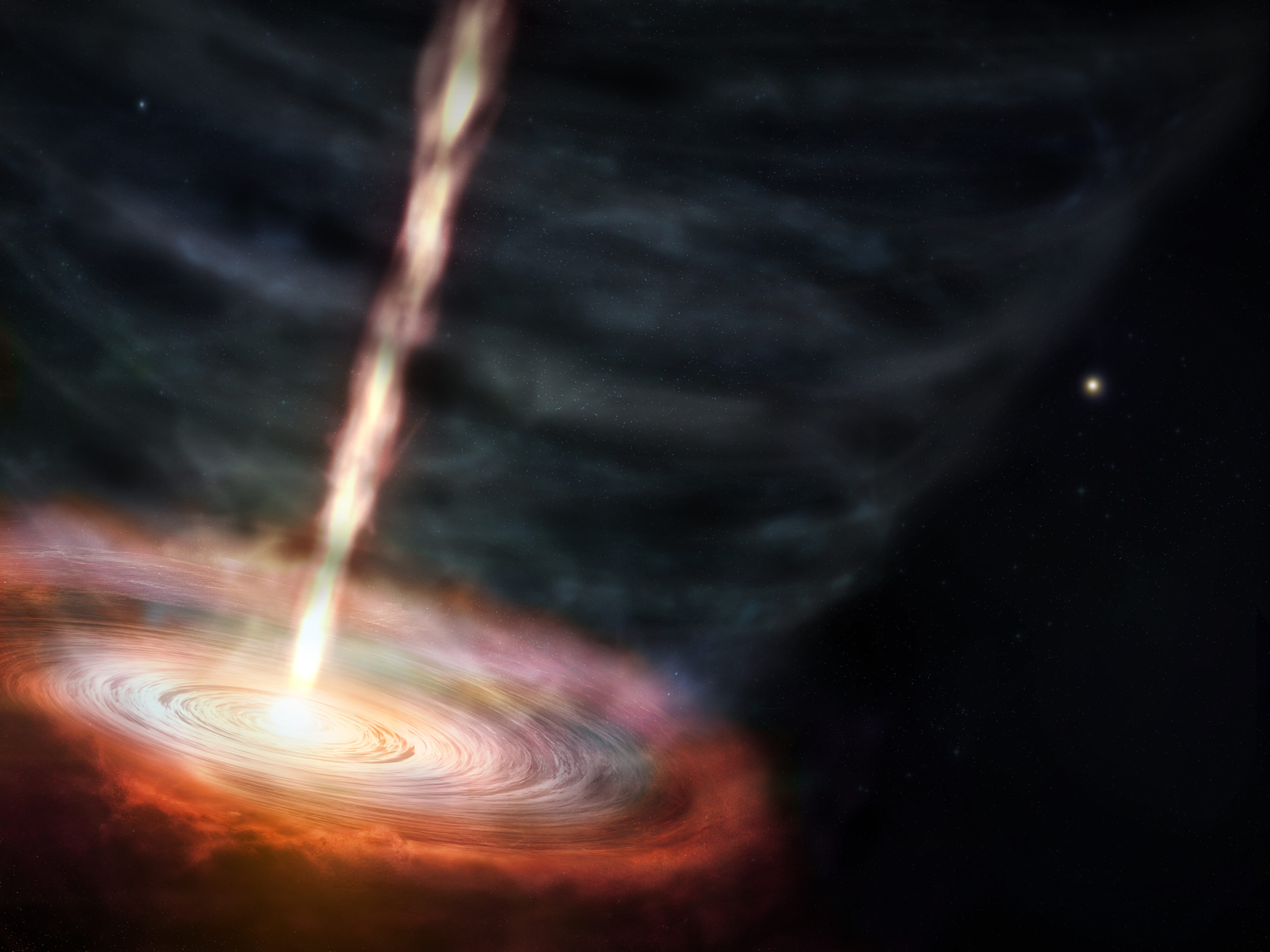 Scientists studying masers— naturally occurring lasers that amplify microwave radio emissions— around the massive star MWC 349A discovered a 500 km/s jet of material launching out of the star’s gas disk from within the winds that are flowing away from the star. The bigger surprise is that the jet may be caused by magnetic forces. This artist’s conception shows a zoomed in view of MWC 349A and its surrounding disk of gas and dust that are being shaped by the winds and high-speed jet. Credit: ALMA (ESO/NAOJ/NRAO), M. Weiss (NRAO/AUI/NSF)
