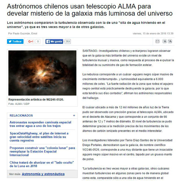 Astrónomos chilenos usan telescopio ALMA para develar misterio de la galaxia más luminosa del universo