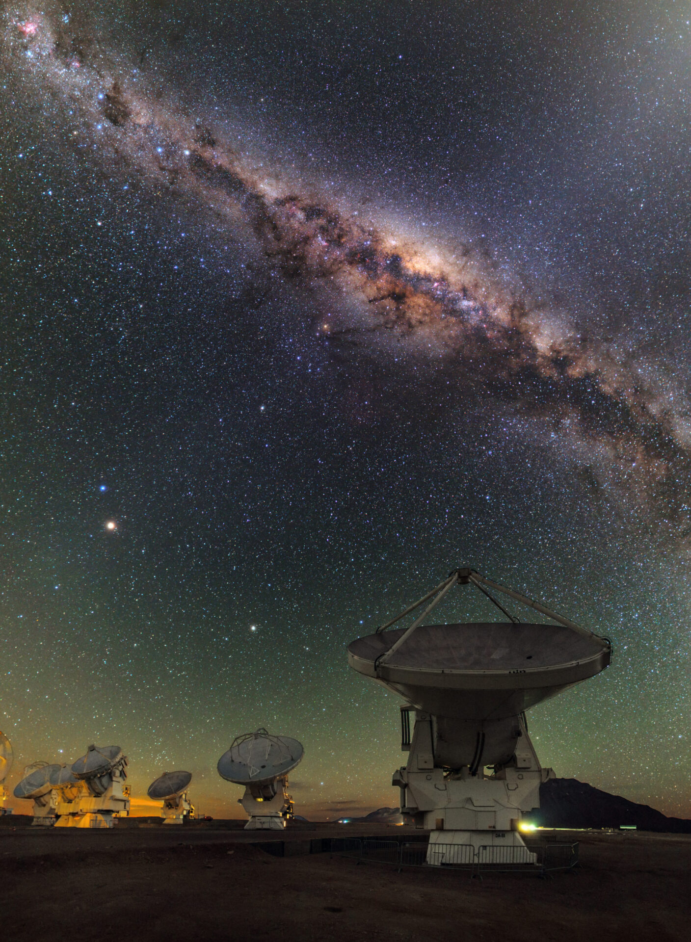 Panoramic View of Antennas by Night in Chajnantor