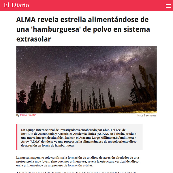 ALMA revela estrella alimentándose de una "hamburguesa" de polvo en sistema extrasolar