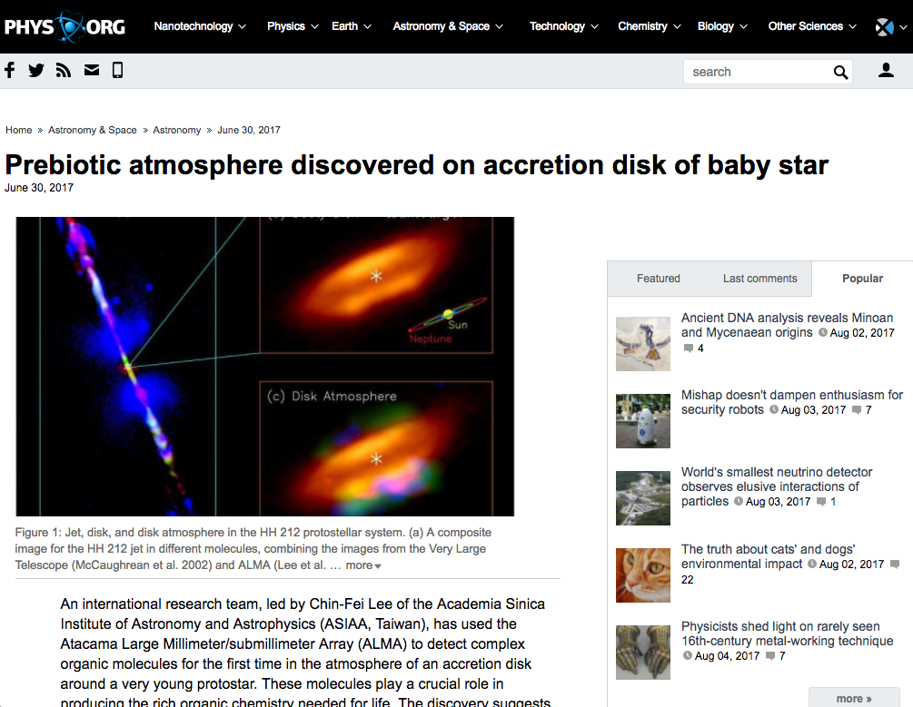 Prebiotic atmosphere discovered on accretion disk of baby star