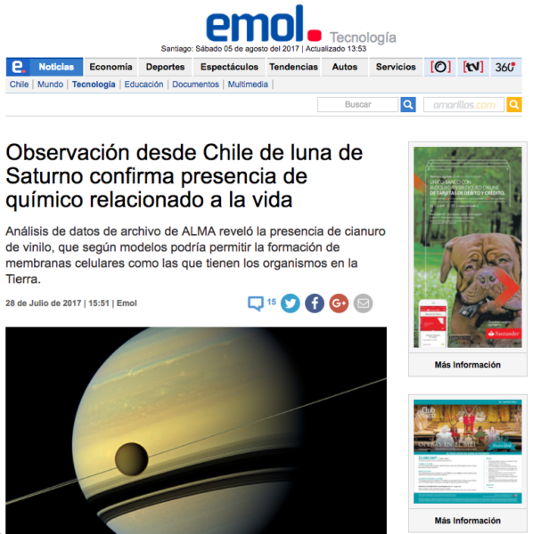 Observación desde Chile de luna de Saturno confirma presencia de químico relacionado a la vida