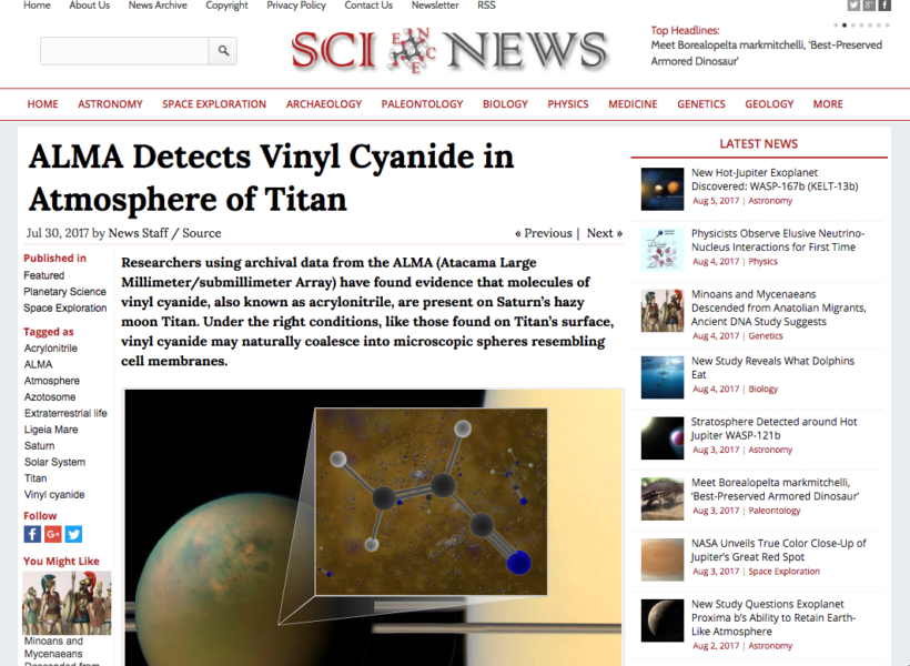 ALMA Detects Vinyl Cyanide in Atmosphere of Titan