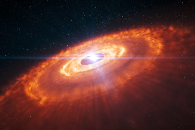 This is an artist’s impression of a young star surrounded by a protoplanetary disc in which planets are forming. Using ALMA’s 15-kilometre baseline astronomers were able to make the first detailed image of a protoplanetary disc, which revealed the complex structure of the disc. Concentric rings of gas, with gaps indicating planet formation, are visible in this artist’s impression and were predicted by computer simulations. Now these structures have been observed by ALMA for the first time. Credit: ESO/L. Calçada