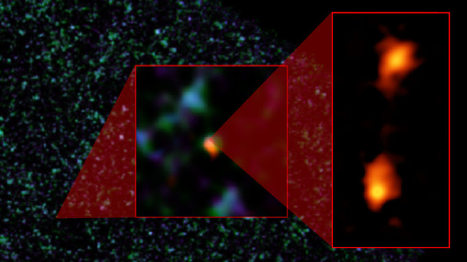 Composite image of ADFS galaxy pair. The background image is from ESA's Herschel Space Observatory. The object was then detected by ESO's Atacama Pathfinder EXperiment (APEX) telescope (middle image). ALMA (right) was able to identify two galaxies: ADFS-27N (for North) and ADFS-27S (for South). The starbursting galaxies are about 12.8 billion light-years from Earth and destined to merge into a single, massive galaxy. Credit: NRAO/AUI/NSF, B. Saxton; ESA Herschel; ESO APEX; ALMA (ESO/NAOJ/NRAO); D. Riechers