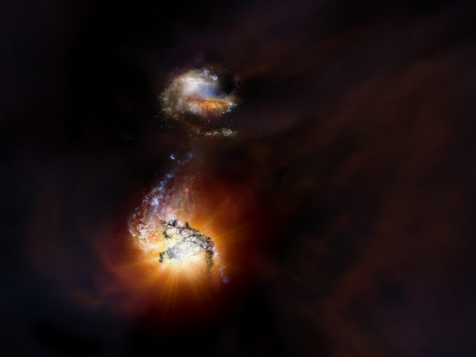 Artist impression of two starbursting galaxies beginning to merge in the early universe. Credit: NRAO/AUI/NSF