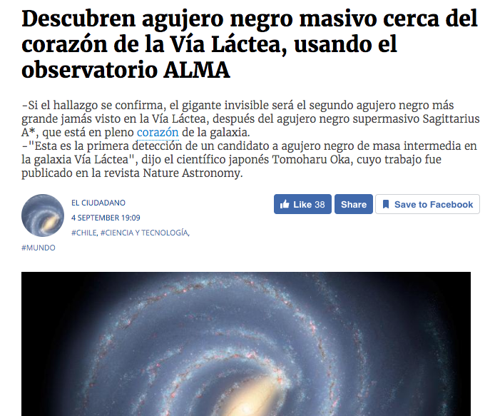 Descubren agujero negro masivo cerca del corazón de la Vía Láctea, usando el observatorio ALMA