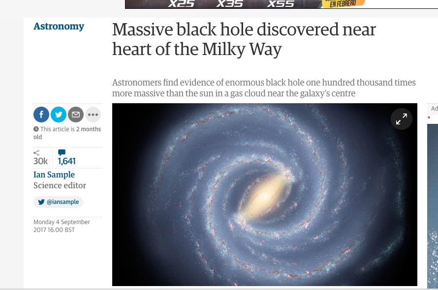 Massive black hole discovered near heart of the Milky Way
