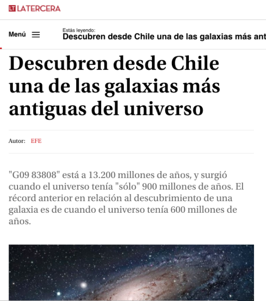 Descubren desde Chile una de las galaxias más antiguas del universo