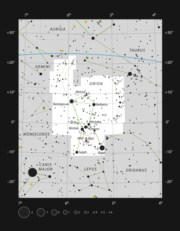 This chart shows the location of the Orion Nebula (Messier 42) in the sword of the famous constellation of Orion (the Hunter). This map shows most of the stars visible to the unaided eye under good conditions and the Orion Nebula itself is highlighted with a red circle on the image. This grand star formation region can be seen with the unaided eye and is an impressive sight in moderate-sized amateur telescopes.