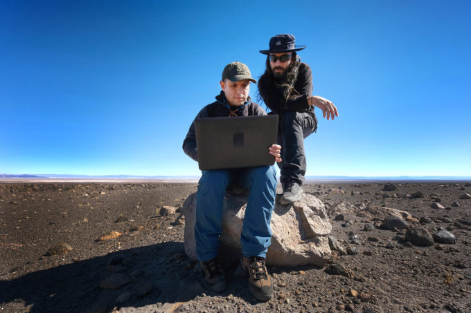 Juan Cortés and Sergio Martin, ALMA astronomers working on the field to determine the alignment of the saywas with the Sun and with different constellations. Credit: R. Bennett - ALMA (ESO/NAOJ/NRAO)
