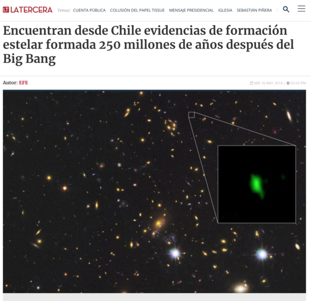 Encuentran desde Chile evidencias de formación estelar formada 250 millones de años después del Big Bang