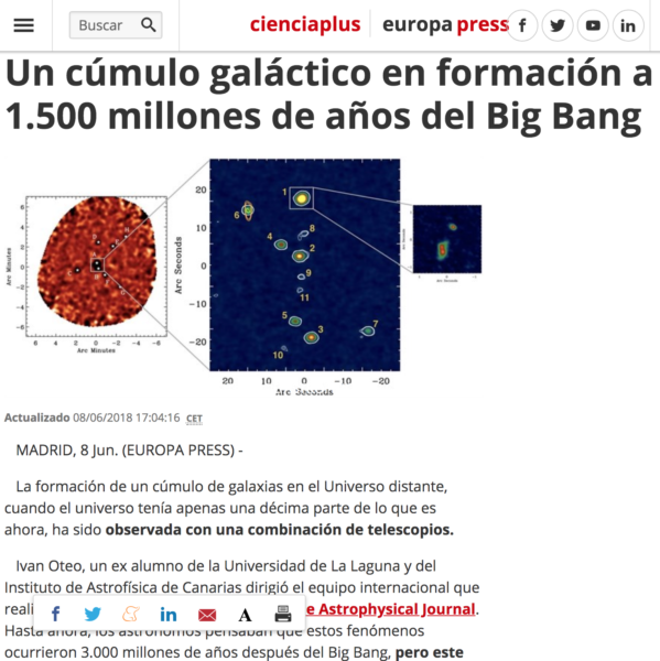 Un cúmulo galáctico en formación a 1.500 millones de años del Big Bang