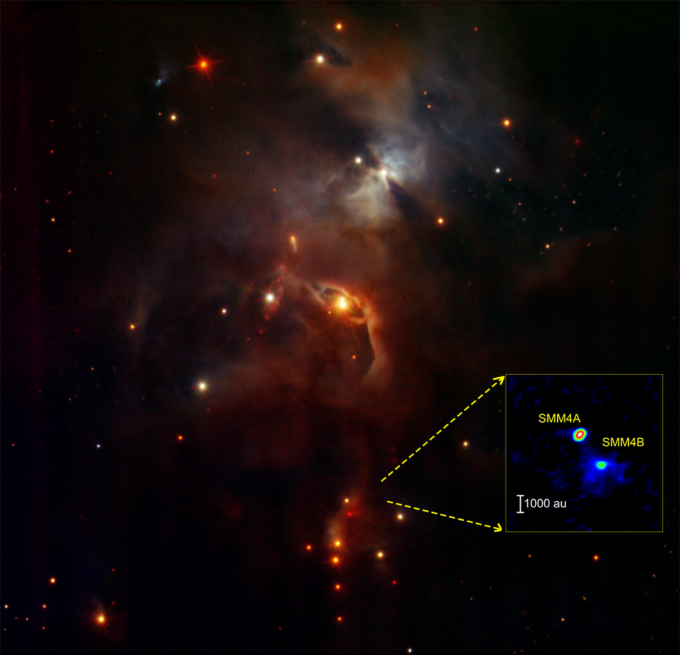 La imagen de fondo muestra el cúmulo incubador de estrellas Serpens Main en el infrarrojo cercano. En el recuadro se muestra la ubicación de las dos protoestrellas Clase 0 SMM4A y SMM4B en el cúmulo en una longitud de onda de 1,3 mm. Créditos: ESO/ALMA(ESO/NAOJ/NRAO)/Aso et al.