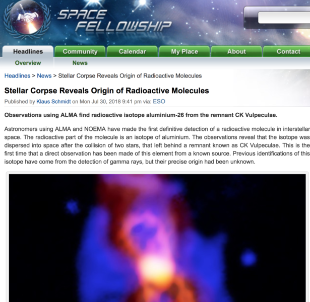 Stellar Corpse Reveals Origin of Radioactive Molecules | International Space Fellowship