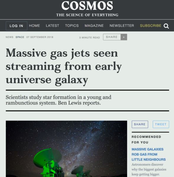 Massive gas jets seen streaming from early universe galaxy