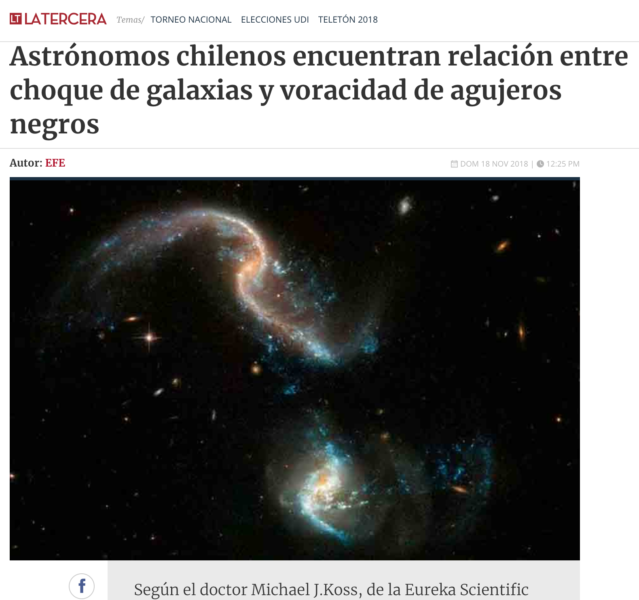 Astrónomos chilenos encuentran relación entre choque de galaxias y voracidad de agujeros negros