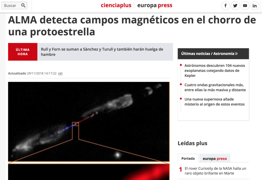 ALMA detecta campos magnéticos en el chorro de una protoestrella