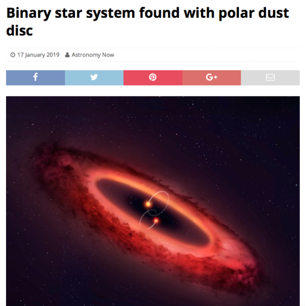 Binary star system found with polar dust disc