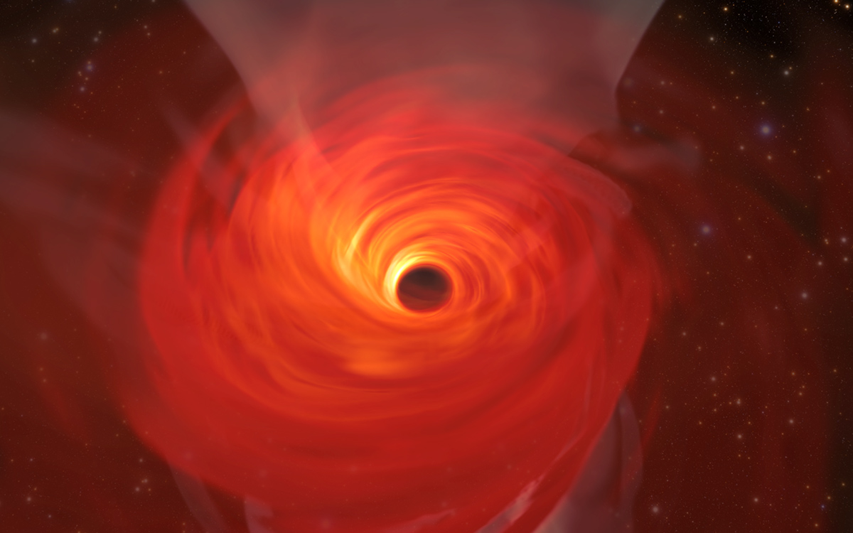 <p>Anticipándose a la primera imagen de un agujero negro, Jordy Davelaar y sus colegas construyeron una simulación de realidad virtual de uno de estos fascinantes objetos astrofísicos. Su simulación muestra un agujero negro rodeado de materia luminoso. Esta materia desaparece en el agujero negro de forma similar a un vórtice, y las condiciones extremas hacen que se convierta en un plasma brillante. Crédito: Jordy Davelaar et al./ Universidad Radboud / BlackHoleCam</p>
