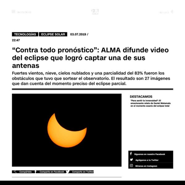 "Contra todo pronóstico": ALMA difunde video del eclipse que logró captar una de sus antenas