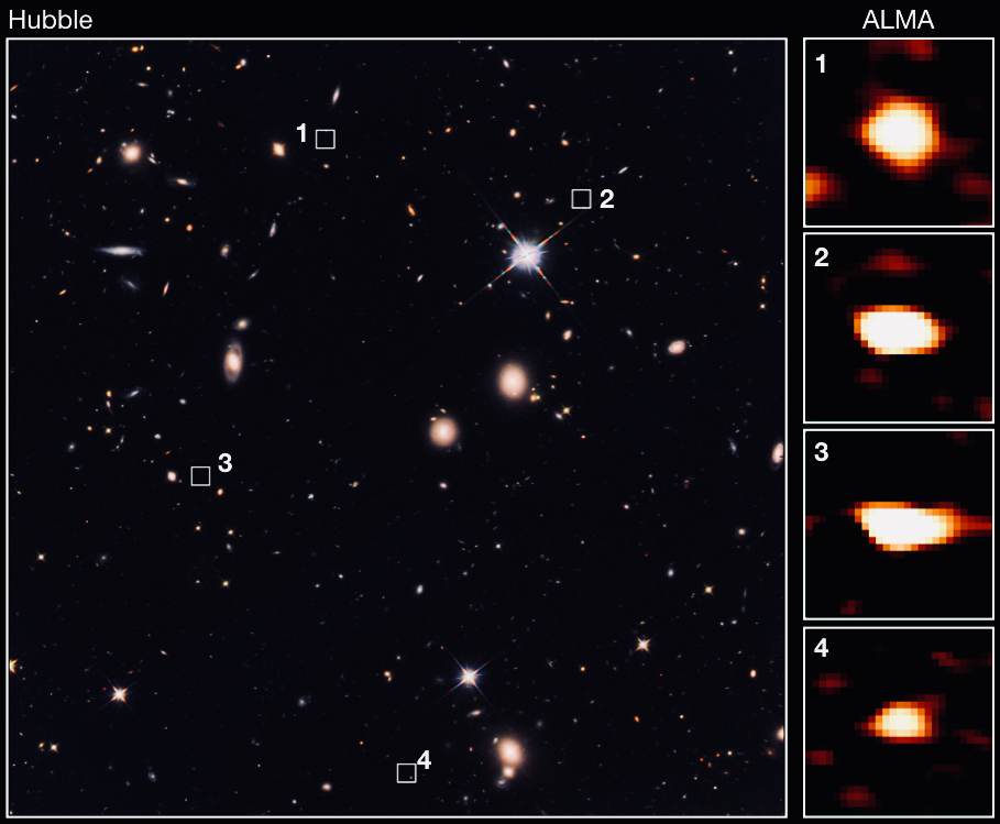 <p>ALMA identified 39 faint galaxies that are not seen with the Hubble Space Telescope’s most in-depth view of the Universe 10 billion light-years away. This example image shows a comparison of Hubble and ALMA observations. The squares numbered from 1 to 4 are the locations of faint galaxies unseen in the Hubble image. Credit: The University of Tokyo/CEA/NAOJ.</p>
