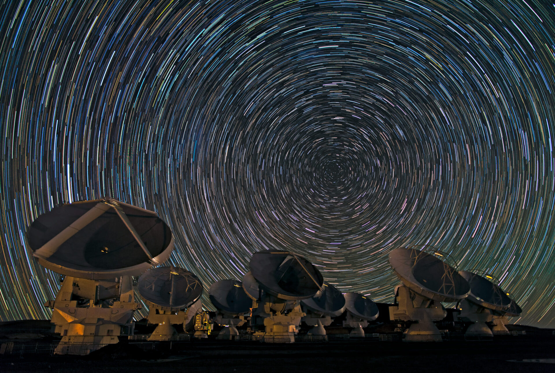 Whirling southern star trails over ALMA