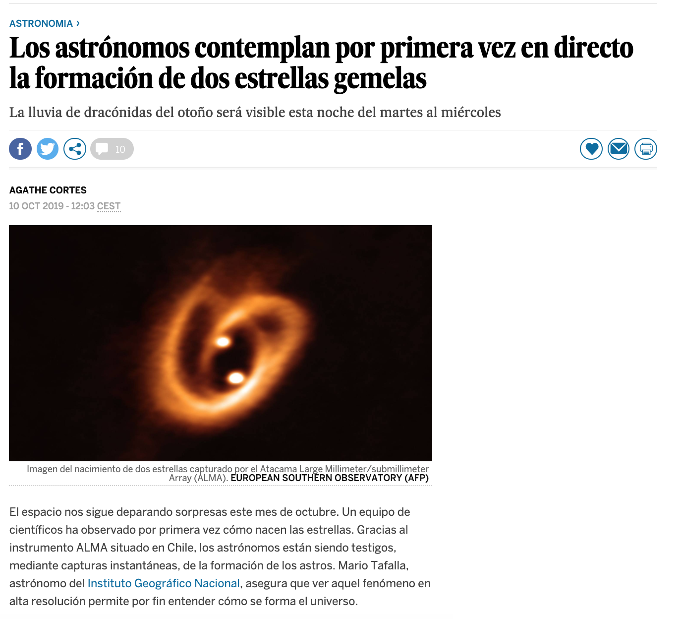 Los astrónomos contemplan por primera vez en directo la formación de dos estrellas gemelas