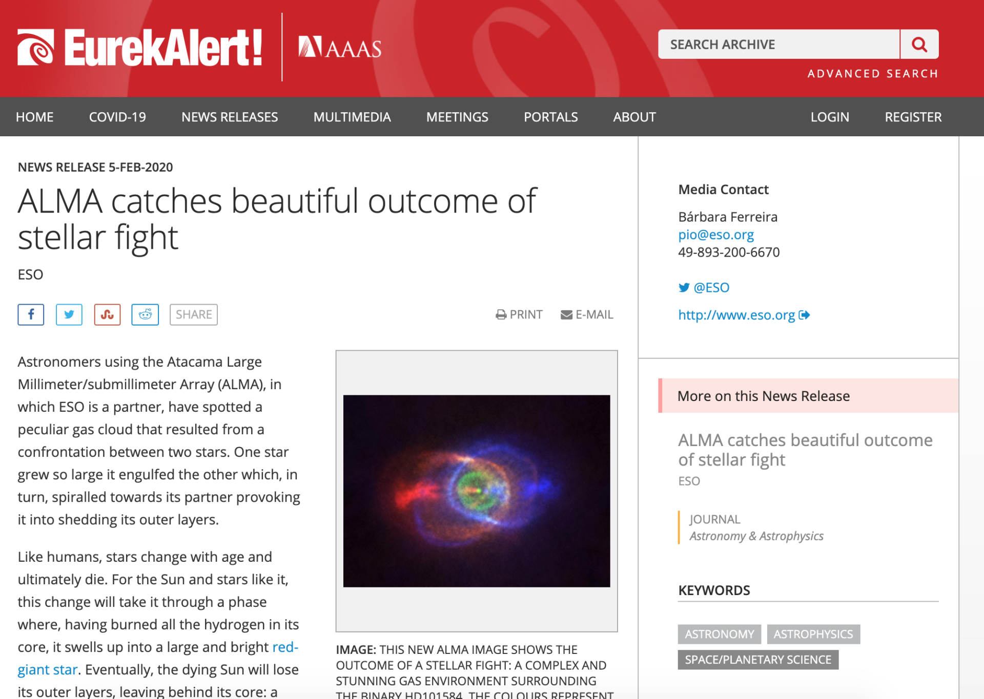 ALMA catches beautiful outcome of stellar fight