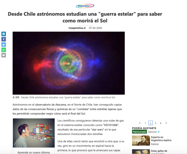 Desde Chile astrónomos estudian una "guerra estelar" para saber como morirá el Sol