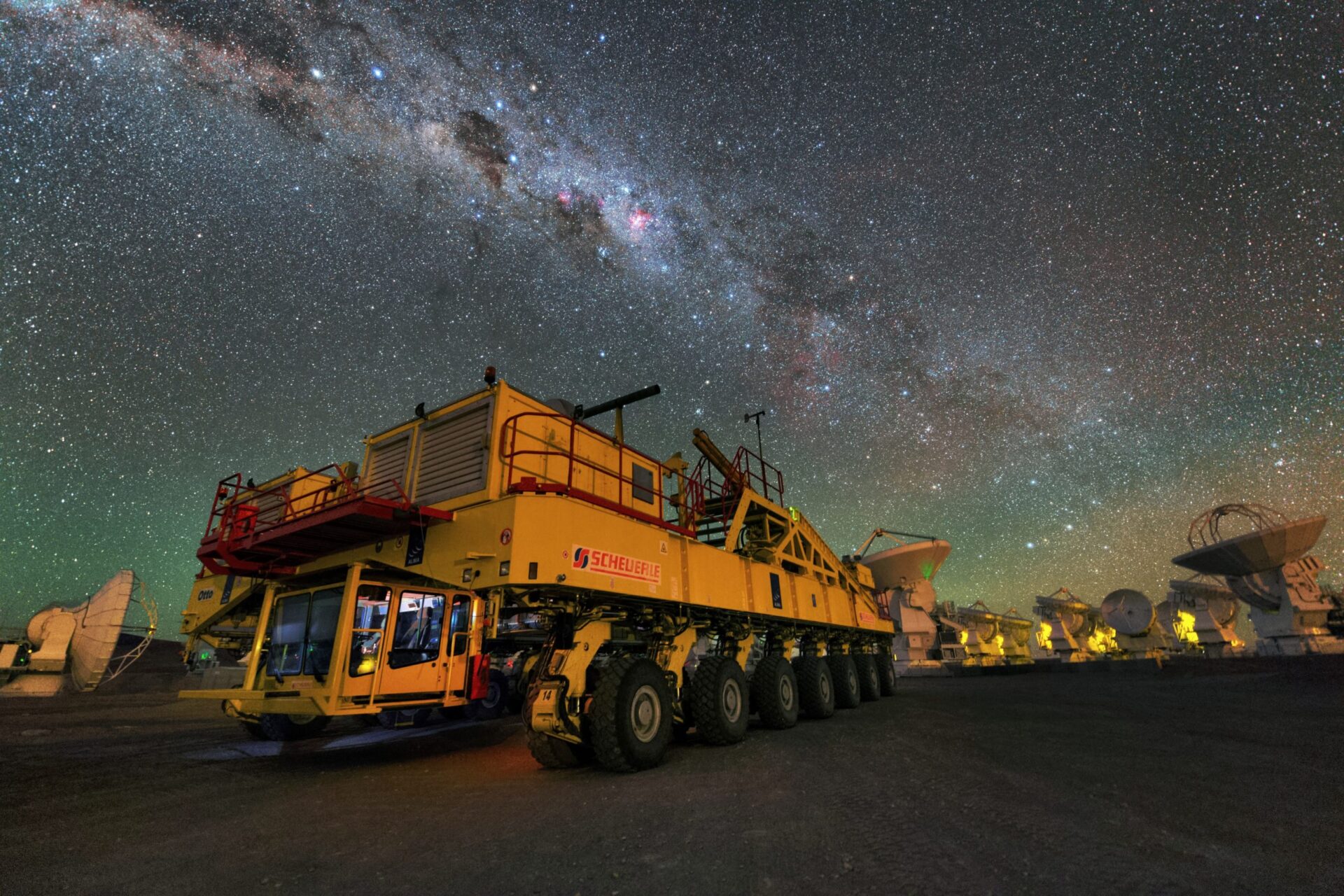 Night view of one of the ALMA transporters