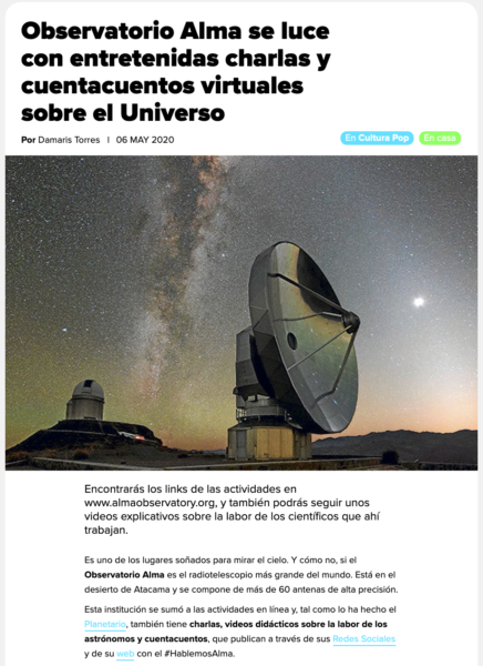 Observatorio Alma se luce con entretenidas charlas y cuentacuentos virtuales sobre el Universo