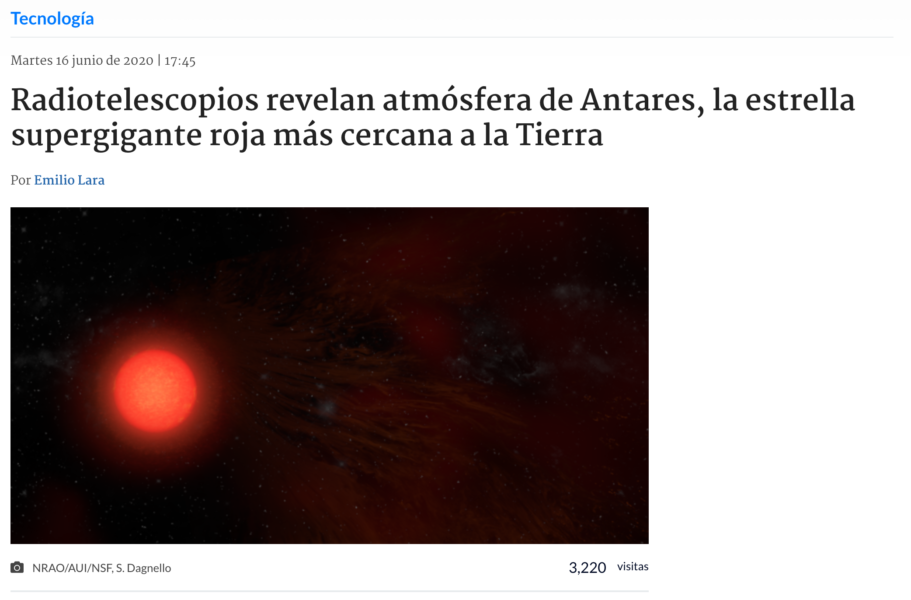 Radiotelescopios revelan atmósfera de Antares, la estrella supergigante roja más cercana a la Tierra