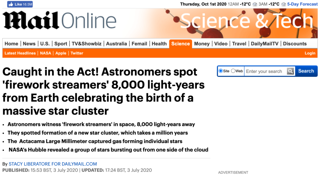 Caught in the Act! Astronomers spot 'firework streamers' 8,000 light-years from Earth celebrating the birth of a massive star cluster