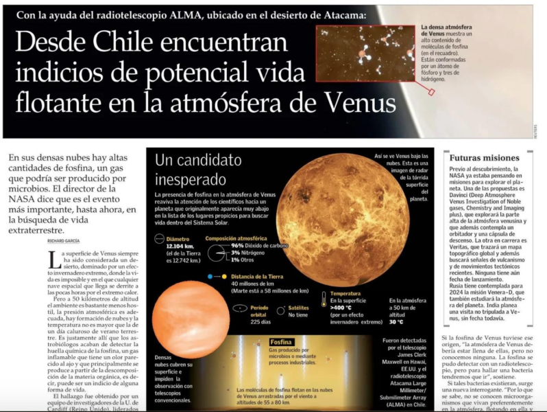 Desde Chile encuentran indicios de potencial vida flotante en la atmósfera de Venus