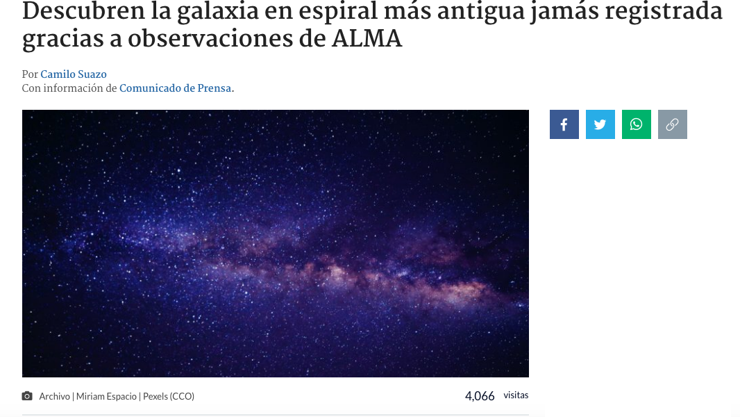 Descubren la galaxia en espiral más antigua jamás registrada gracias a observaciones de ALMA