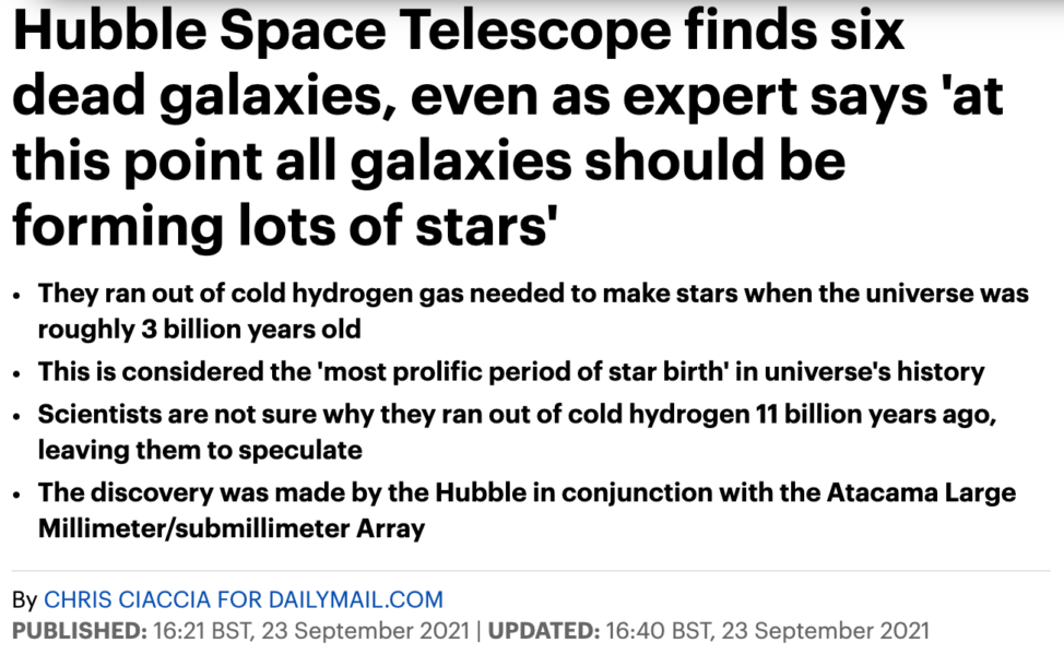 Hubble Space Telescope finds six dead galaxies, even as expert says 'at this point all galaxies should be forming lots of stars'
