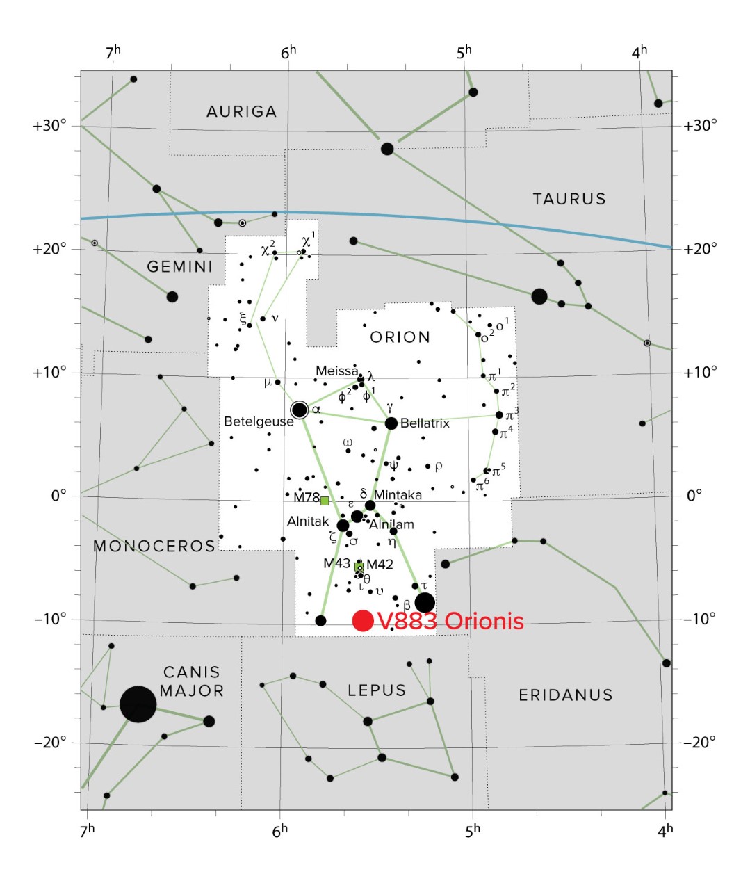 V883 Orionis es una protoestrella situada a unos 1.305 años luz de la Tierra, en la constelación de Orión. Créditos: UAI/Sky & Telescope