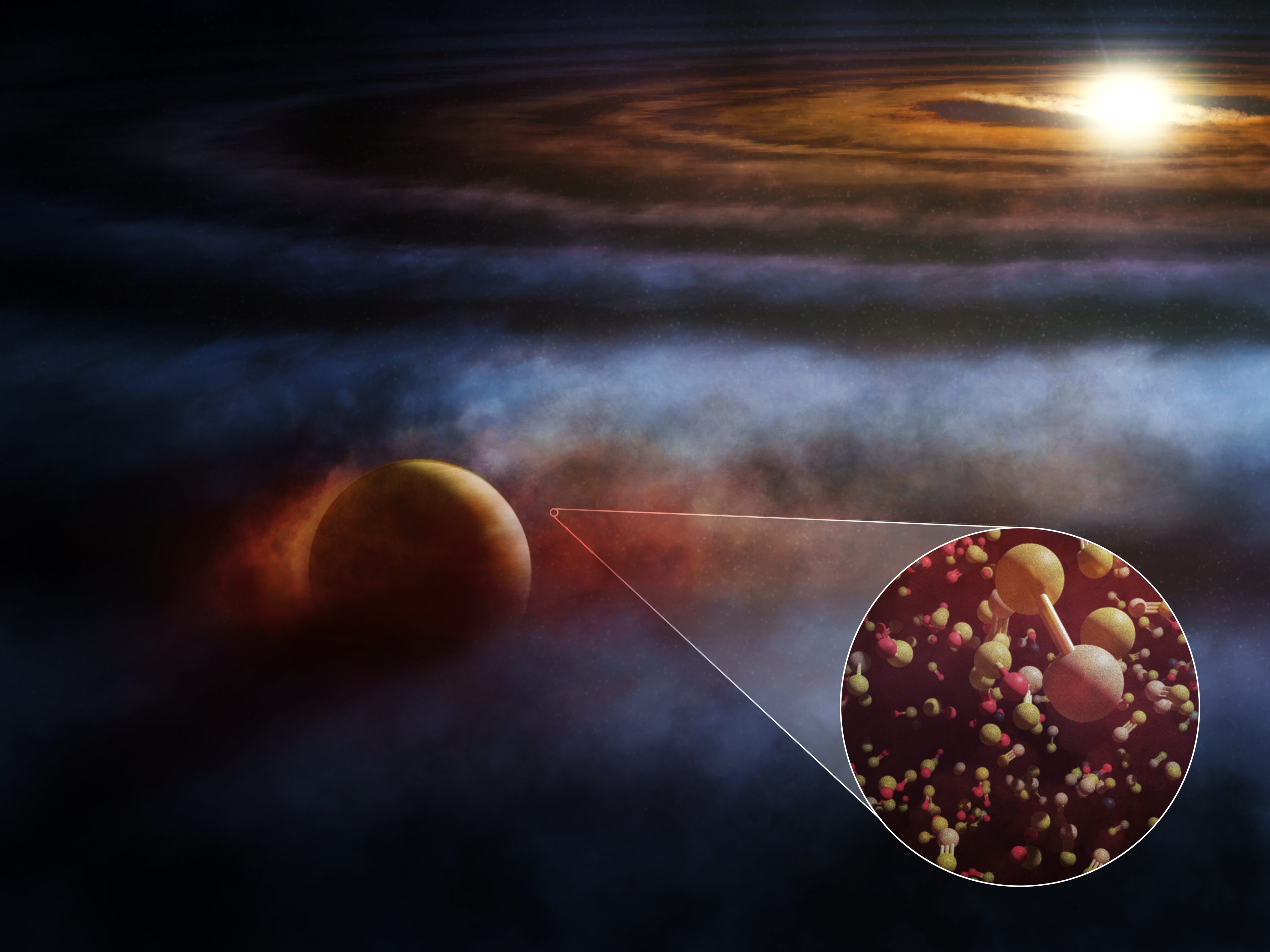 Located in the constellation Sagittarius, the young star HD 169142 harbors a giant protoplanet embedded within its dusty, gas-rich protoplanetary disk.  This artist's conception shows the Jupiter-like planet interacting with and heating nearby molecular gas, driving the outflows seen in various emission lines, including those from shock-tracking molecules like SO and SiS, and 12CO and 13CO commonly seen.  Credit: ALMA (ESO/NAOJ/NRAO), M. Weiss (NRAO/AUI/NSF)