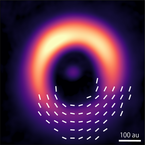 ALMA 0.9mm observations of the protoplanetary disk in the HD 142527 system with the magnetic field structure superimposed on the image.  Credit: ALMA (ESO/NAOJ/NRAO), S. Ohashi et al.